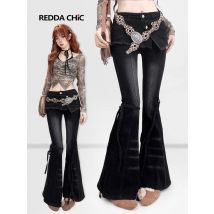 REDDACHiC Grunge Low Rise Wrap Denim Pants Harajuku Vintage Whiskers Bowknot Bootcut Stretchy Black Jeans Women Acubi Fashion