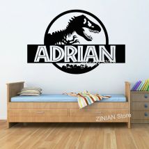 Pegatina de pared personalizada de Parque Jurásico para dormitorio, dinosaurio t-rex, calcomanía de vinilo con nombre personalizado, decoración para el hogar, guardería, habitación de niños, G577