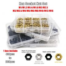 1 Set Mix M1 M1,2 M1,4 M1,6 M2 M2,5 M3 M4 M5 M6 M8 bis M16 DIN934 Sechskantmutter Kit Box Schwarz 304 Edelstahl Messing Stahl