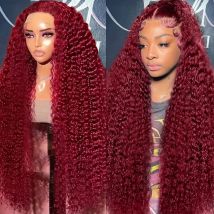 HD Transparent Lace 200 Density 13x4 13x6 Full Frontal Lace 99j Burgundy Preplucked Colored Deep Wave Frontal Human Hair Wig