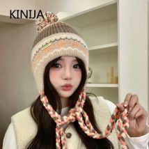 Frauen Pullover Hut Winter Wolle Streifen Spleißen Retro Gestrickte Quaste Hüte Schutz Verdickt Warme Skifahren Skullies Beanie