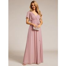 Elegante Abendkleider mit tiefem V-Ausschnitt, Rüschenärmeln, bodenlangem Kleid 2025, Ever Pretty of Chiffon Dusty Rose Prom Damenkleid