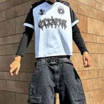 Amerikanische Ästhetik Y2K Spinne Brief Druck Gothic Kurzarm Revers Tops Vintage Druck Übergroßen Frauen Pullover T-shirts