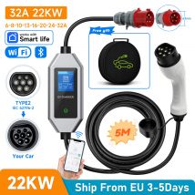 Przenośna ładowarka do pojazdów elektrycznych AFEEV 22KW 32A, 3-fazowa, typ 2 IEC62196-2, kabel do szybkiego ładowania EVSE, wtyczka CEE, sterowanie przez WiFi, aplikację i Bluetooth.