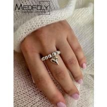 Creative Metal Heart Elastic Rope String Ccb Round Bead Rings Gold Color Vintage Heart Pendant Adjustable Rings Jewelry Gift