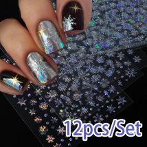 12sheets Laser Sliver Snowflakes/snowballs 3D Christmas Nail Art Decals Dreame Laser Santa Claus Snowman Nail Stickers Charms﻿