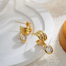 Chunky Stainless Steel Gold Color C-shape Stud Earrings for Women Round Rhinestone Drop Earring Luxury Jewelry Statement Gifts