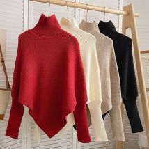 2025 herbst Winter Frauen Mode Unregelmäßigen Lose Stricken Pullover Vintage High Neck Langarm Weibliche Pullover Chic Tops