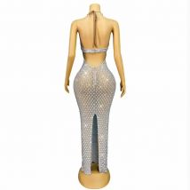 Luxus Abend Glänzende Strass Sexy V-ausschnitt Backless Mesh Kleid Frauen Geburtstag Party Hochzeit Kleid Roter teppich Bühne Tragen