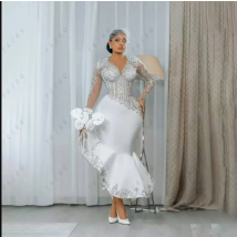 Customized Sheer Neck Shinny Beads Appliques Tea Length  Wedding Dress Vestidos De Novia Long Sleeves  Bridal Gown