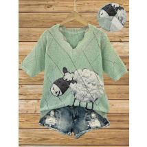 Frühlings- und Sommermode im neuen Stil, elegant und vielseitig, V-Ausschnitt, kurzärmelig, gehäkeltes Damenoberteil mit Tiermuster, flach, digital