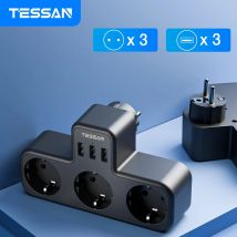 TESSAN USB-Steckdosenleiste mit 3 AC-Steckdosen und 3 USB-Anschlüssen, EU-Stecker, mehrere Steckdosenadapter, Überlastschutz für das Heimbüro