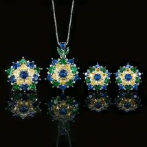 Mehrfarbiger Schmuck im Blumenstil, funkelnder Anhänger, Halskette, Ring, Ohrringe mit blau-grünen Steinen, trendiges Modeaccessoire für Damen
