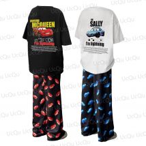 2025 The Cars Lightning McQueen & SALLY Camiseta de algodón de verano con pantalones de pijama traje de gran tamaño para adultos/niños ropa para él y para ella