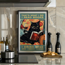Schwarze Katze Lesebuch Trinkwein Typografie Poster oder Leinwanddruck, Katzenwandkunst, schrullige schwarze Katze Buch Weinliebhaber Vintage A