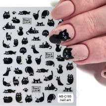 2 Stück schwarze Katze Nagelaufkleber 3D niedliches Cartoon-Tier 3D selbstklebende Nail Art Aufkleber Sliders Dekorationen Maniküre Zubehör