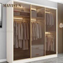 Italienischer Kleider schrank mit LED-Licht und Schubladen transparente Glass chiebetür Schlafzimmer Schränke Luxus Holz schränke