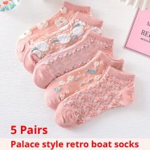 5 par Kawaii Cute Flower 3D Textured Ankle Socks - Vintage Style Thin Low Cut Hosiery for Womenity Pink Boat Socks Female