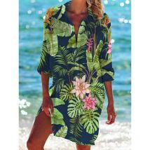 Neue Hawaii Strand Blumen 3D-Druck Blusen Frauen Langarm mittellange Hemden Vintage Knöpfe Hemd Bluse sexy Mädchen Taschen oberteile