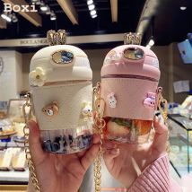 Śliczne plastikowe butelki na wodę z uchem królika ze słomką dla dziewczynek Przenośna butelka studencka z paskiem dla dzieci z pokrywką na kubek Bez BPA