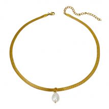 Peri'sBox 4mm Wide Flat Snake Chain Choker Waterproof Titanium Steel Herringbone Chains Necklace With Freshwater Pearl Charm