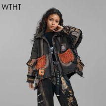 Wtht Vintage Mode Damen Patchwork Taschen Print Denim Mantel 2024 Herbst trend ige Revers lange Ärmel lose Jacke weiblich 1 ls117