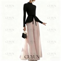 CUYUN High Collar Long Sleeves Women Evening Dresses A Line Black and Pink Elegant Formal Event Dress Customized Wedding Party