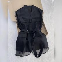 Koreanische Sommer 2025, schwarze ärmellose Weste, Tops für Frauen, V-Ausschnitt, schlanke Taille, Mesh-Patchwork-Hemd, elegante Büro-Casual-Weste