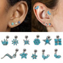 2-1PCS Edelstahl Vintage Mini Türkis Stein Ohrstecker Schlange Blume Blatt Ohrring Helix Knorpel Tragus Lobe Piercing