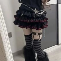 Japanischer Lolita Schwarz Rot JK Rock für Frauen Y2k E-Girl Hohe 2024 Taille Geraffte A-Linie Röcke Sommer Neue dünne Faldas Mujer