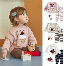 Ircomll 2-teiliges Kinderkleidungspullover-Set für Babys, Mädchen, Jungen, Kleidungsset, Eiscreme-Stickerei, langärmelige Sweatshirts + gestreifte Hosen