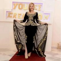 Schwarzer marokkanischer Kaftan, formelle Abendkleider, Etui-Linie, 3/4-Ärmel, Chiffon-Applikationen, Ballkleider, arabische Kleider, individuell gestaltet