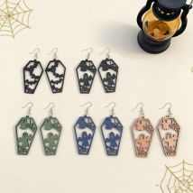 5 Paar Halloween-Sargschaukel-Ohrringe – Geister-, Fledermaus- und Spinnennetz-Ohrringe, trendige Holzohrringe im Halloween-Stil