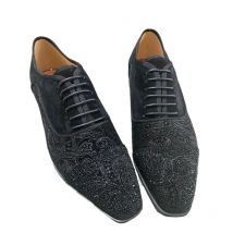 LOUBUTEN Black Men Suede Dress Shoes Rhinestone Shoes Fashion Lace-up Embroidery Formal Shoes Red Bottom Wedding Shoes