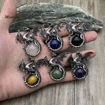 10 Stück alte runde natürliche Edelsteine Tigerauge Lapis Stein Rosenquarz Kristall Amethyste Vintage Drachen Halskette Anhänger my230427
