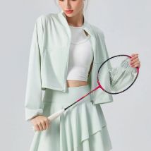 Damska sportowa kurtka chłodząca z ochroną UV – stójka, elastyczne mankiety, kieszenie, luźna, codzienna bluzka do ćwiczeń na świeżym powietrzu i fitnessu.