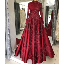 Maßgeschneiderte muslimische saudi-arabische Abendkleider, Stehkragen, A-Linie, lange Ärmel, Ballkleid, Perlen, formelles Kleid, Hochzeits-Partykleid