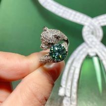 Grüner Moissan ite Leopard Kopf Mode Ring für Frauen & Männer, Persönlichkeit Luxus heißen dunklen verstellbaren Ring Verlobung bunten Ring