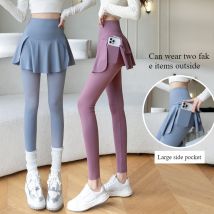 Frauen Gefälschte Zwei Stücke Leggings Nahtlose Fitness Leggings Hohe Taille mit Tasche Elastische Dünne Mode Hüfte Heben Yoga Hosen