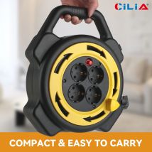 Cilia 10M, bobina di prolunga retrattile 10M Multi-Tap Power 3000W per interni/cavo con prolunga a 4 prese, per casa, giardino