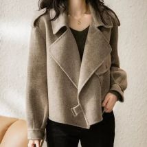 Frauen Kurze Wolle Mäntel Drehen Unten Kragen Volle Hülse Hohe Taille Jacken Offenen Stich Herbst Winter Lose Blends Jacke Elegante