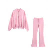HH Autumn Women Coat Trousers Suits Casual Long Sleeve Zipper Jackets Slim Drawstring Flare Pant Woman Solid Jogging Pants Set