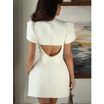 Mode Backless Bogen Mini Kleid Frauen Elegante Kurzarm Hohe Taille A-linie Kleider 2024 Dame Urlaub Abend Party Vestidos