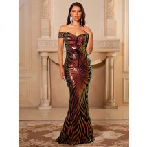 Schulterfreies Abendkleid mit Stretch-Pailletten, figurbetont, rückenfrei, Slash-Ausschnitt, bodenlang, Nacht-Abschlussballkleid, gepolstert