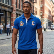 Herren-Poloshirt Frankreich, kurzärmelig, Royal, Freizeit, Sport, Party, Baumwolle, bestickt, mit Schlitz, Kontrastfarbe, Original