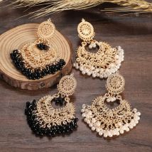 Neue ethnische goldfarbene indische Jhumka-Ohrringe für Frauen, Anhänger, Herzform, Perlen, Quasten-Ohrring, 2023, Vintage-Brincos-Schmuck