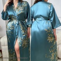 Plus Größe 3XL 4XL 5XL frauen Lange Robe Nachthemd Druck Kirsche Kimono Bademantel Kleid Frühling Sommer Neue Satin Nachtwäsche homeWear