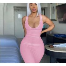 Frauen Sommer Ärmelloses Strick Tiefem V-ausschnitt Kleid Sexy Abend Party Einfarbig Lange Schlanke Leibchen Dresse Weibliche Vestidos Roben