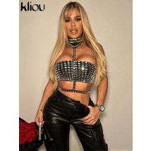 Kliou Halter Sexy Camis Frauen Atemberaubende Diamanten Patchwork Verband Ärmel Slim Fit Crop Tops Weibliche Party Chic Form Leibchen