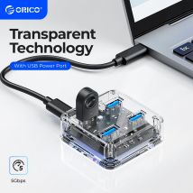 ORICO Transparenter USB-C-Hub, 4-Port-Erweiterung mit Netzteil-Schnittstelle, USB 3.2-Protokoll, Hochgeschwindigkeitsübertragung, OTG-Dapter